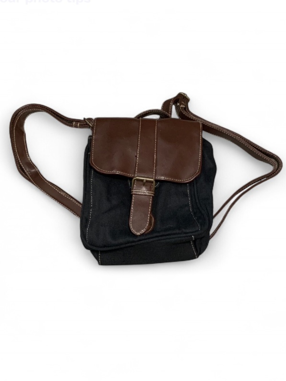 Y2K Black Canvas Square Mini Backpack with Brown Faux Leather Trim